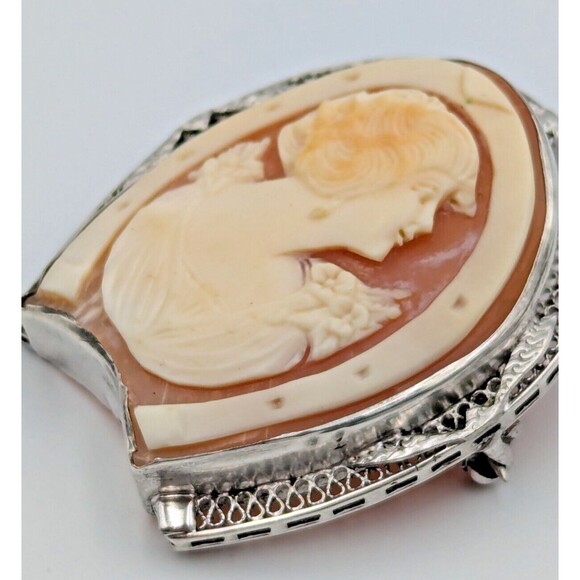 Vintage Sterling Silver 925 Shell Cameo Carved Brooch Horseshoe Shape Rare - Picture 7 of 16